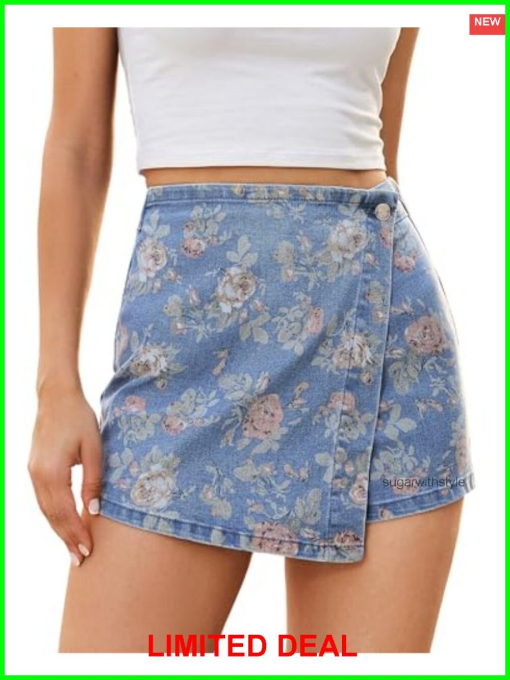 Floral Print Faux Wrap Skort High Waisted Stretchy Denim